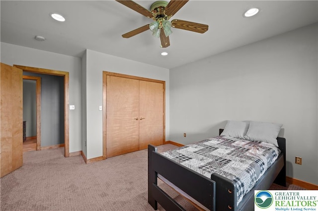 3353 Spring Valley Rd, Washington Twp, PA 18080 - bedroom with baseboards, a closet, recessed lighting, a ceiling fan, and carpet floors