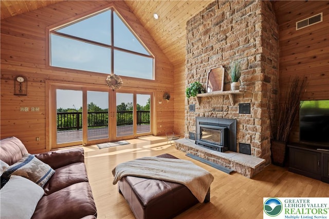 3353 Spring Valley Rd, Washington Twp, PA 18080 - living area with high vaulted ceiling, wooden walls, wood ceiling, a stone fireplace, and wood finished floors