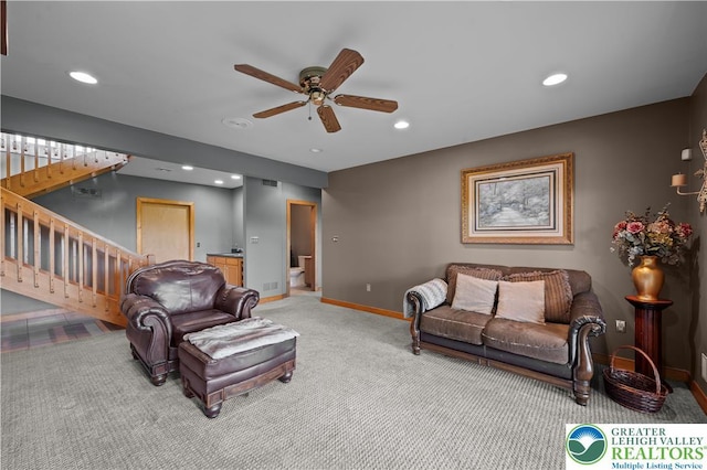 3353 Spring Valley Rd, Washington Twp, PA 18080 - carpeted living room with a ceiling fan, stairway, baseboards, and recessed lighting