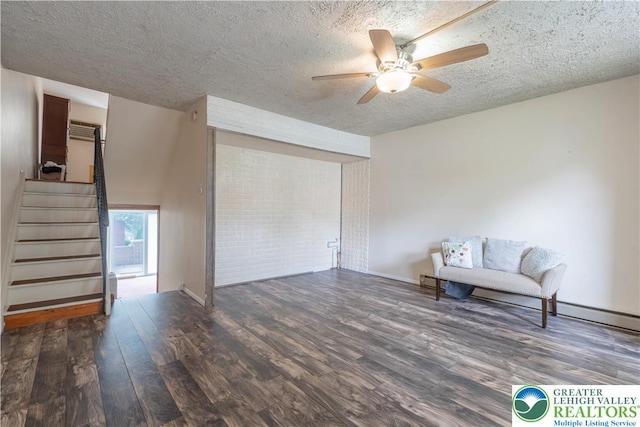 402 Bradford St, Allentown City, PA 18109 - living area with ceiling fan, a textured ceiling, wood finished floors, and stairs