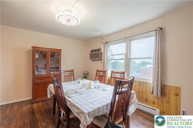 402 Bradford St, Allentown City, PA 18109 - dining room featuring a baseboard heating unit, dark wood-style floors, baseboards, and a wall mounted air conditioner