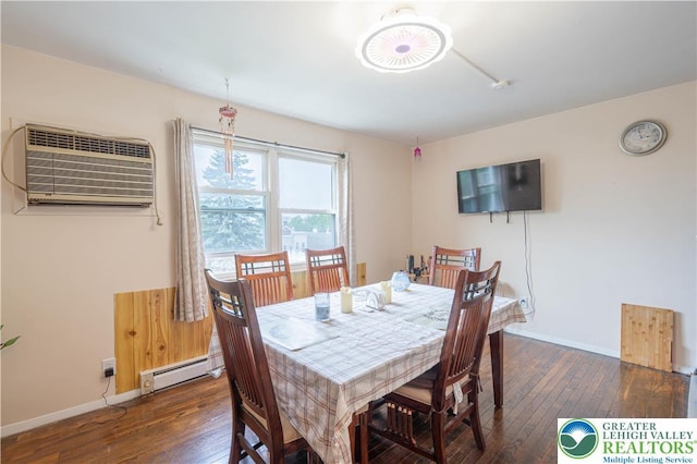 402 Bradford St, Allentown City, PA 18109 - dining room with dark wood finished floors, a baseboard radiator, a wall mounted AC, and baseboards