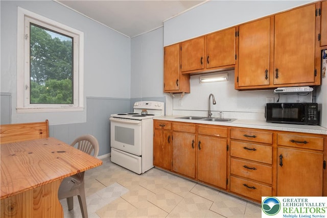 531 E Church St, Slatington Borough, PA 18080 - kitchen with white electric range oven, black microwave, a sink, light countertops, and brown cabinets