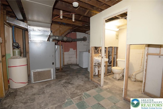 665 Furnace St, Emmaus Borough, PA 18049 - unfinished basement featuring gas water heater, heating unit, a water softener system, and a sink