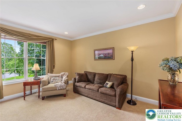 6335 Sweetbriar Ln, Upper Milford Twp, PA 18092 - living room with light colored carpet, crown molding, and recessed lighting