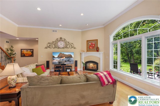 6335 Sweetbriar Ln, Upper Milford Twp, PA 18092 - living area with plenty of natural light, light wood-style floors, a lit fireplace, crown molding, and recessed lighting