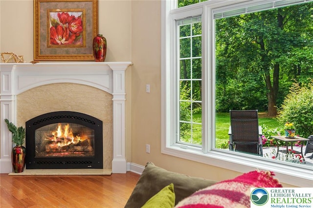 6335 Sweetbriar Ln, Upper Milford Twp, PA 18092 - living area featuring wood finished floors, a premium fireplace, and healthy amount of natural light
