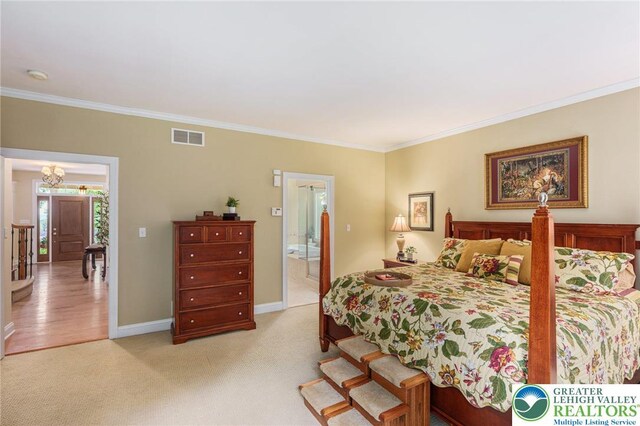 6335 Sweetbriar Ln, Upper Milford Twp, PA 18092 - bedroom featuring ornamental molding, light carpet, and ensuite bathroom