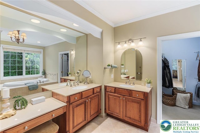 6335 Sweetbriar Ln, Upper Milford Twp, PA 18092 - full bathroom featuring two vanities, crown molding, a chandelier, a walk in closet, and tile patterned floors