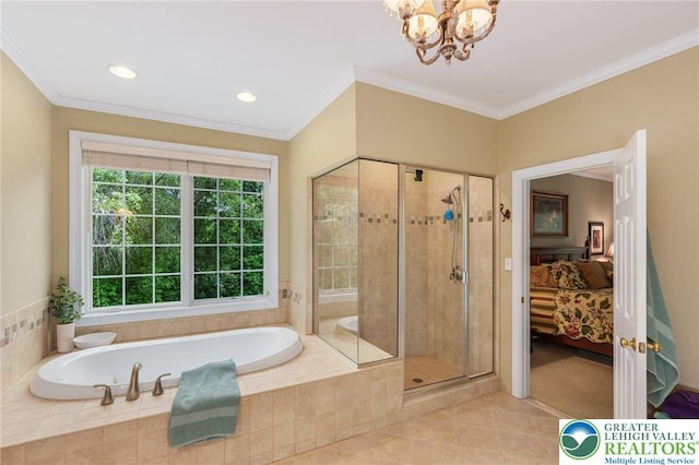 6335 Sweetbriar Ln, Upper Milford Twp, PA 18092 - full bath with a bath, tile patterned flooring, a stall shower, connected bathroom, and ornamental molding