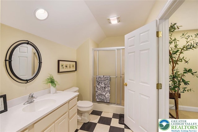 6335 Sweetbriar Ln, Upper Milford Twp, PA 18092 - bathroom featuring vanity, tile patterned floors, a shower stall, and vaulted ceiling