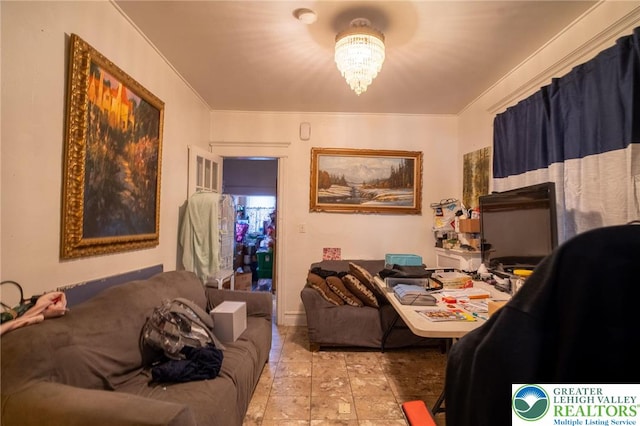 719 N 11th St, Allentown City, PA 18102 - bedroom with crown molding and a chandelier
