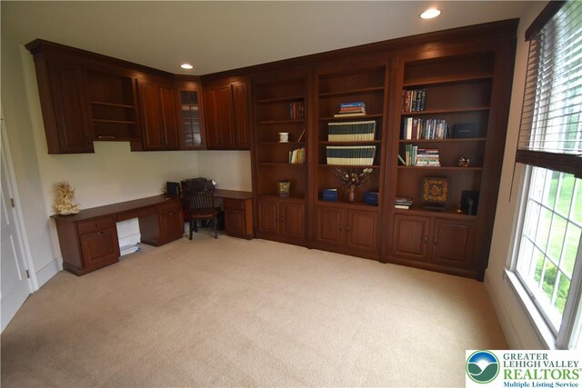 55 Forrest Stand Dr, Easton, PA 18042 - home office featuring built in study area, light carpet, healthy amount of natural light, and recessed lighting
