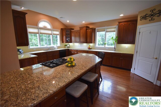 55 Forrest Stand Dr, Easton, PA 18042 - kitchen with plenty of natural light, a breakfast bar, light stone countertops, lofted ceiling, and black gas stovetop
