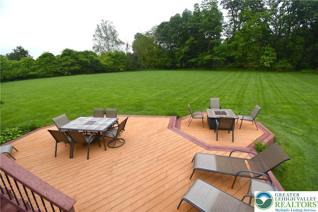 55 Forrest Stand Dr, Easton, PA 18042 - wooden terrace featuring outdoor dining space, a lawn, and view of scattered trees