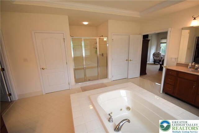 55 Forrest Stand Dr, Easton, PA 18042 - full bathroom with a shower stall, a tub with jets, vanity, and crown molding