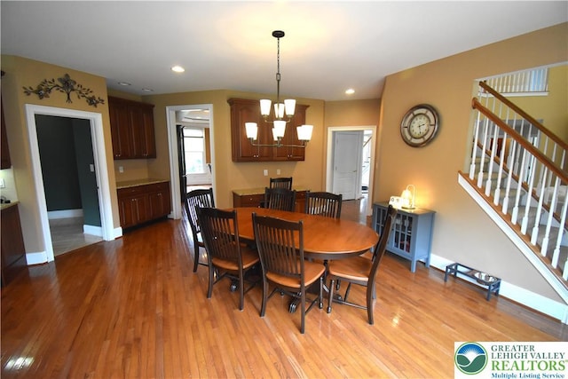 55 Forrest Stand Dr, Easton, PA 18042 - dining room with light wood-style floors, stairs, a chandelier, baseboards, and recessed lighting