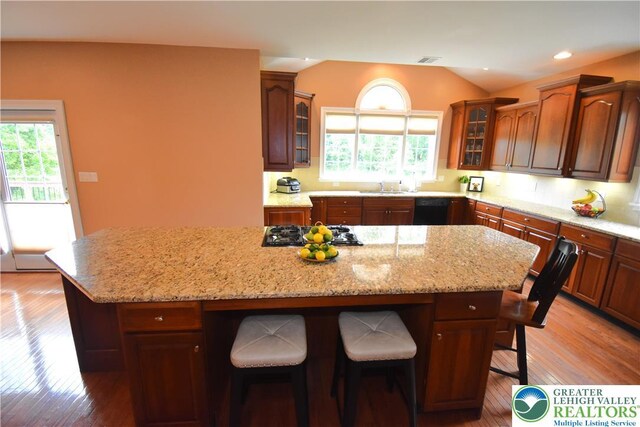 55 Forrest Stand Dr, Easton, PA 18042 - kitchen with black appliances, a breakfast bar area, a center island, plenty of natural light, and vaulted ceiling