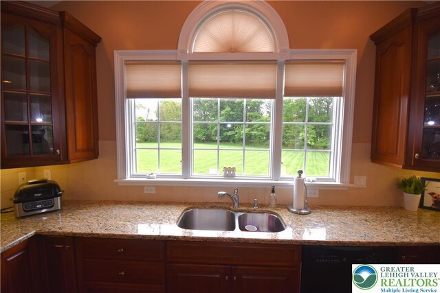 55 Forrest Stand Dr, Easton, PA 18042 - kitchen with a sink, glass insert cabinets, dishwasher, and backsplash