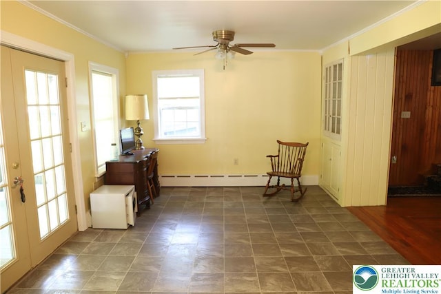 118 Burgoon Rd, Stroud Twp, PA 18301 - sitting room featuring a ceiling fan, a baseboard radiator, crown molding, and french doors