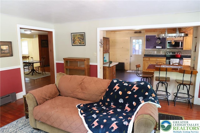 118 Burgoon Rd, Stroud Twp, PA 18301 - living area with wood finished floors and a baseboard radiator