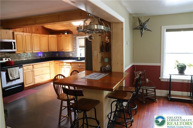118 Burgoon Rd, Stroud Twp, PA 18301 - kitchen featuring stainless steel microwave, range with electric stovetop, a sink, light brown cabinets, and backsplash
