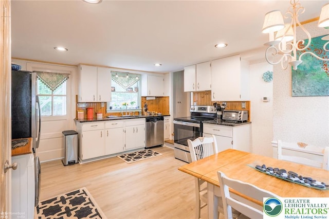 6650 Mountain Rd, Macungie Boro, PA 18062 - kitchen with appliances with stainless steel finishes, dark countertops, white cabinetry, and recessed lighting