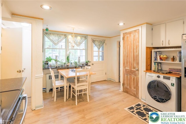 6650 Mountain Rd, Macungie Boro, PA 18062 - laundry area featuring washer / dryer, a chandelier, light wood-style flooring, recessed lighting, and radiator heating unit