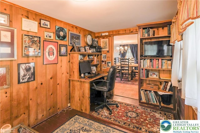 6650 Mountain Rd, Macungie Boro, PA 18062 - office space featuring wood walls, a chandelier, and wood finished floors