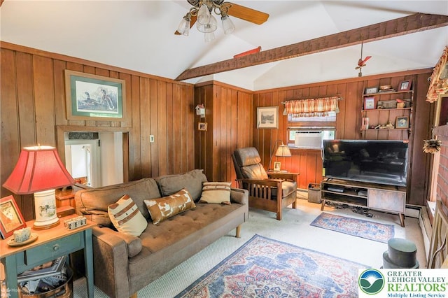 6650 Mountain Rd, Macungie Boro, PA 18062 - carpeted living room with a ceiling fan, wooden walls, and cooling unit
