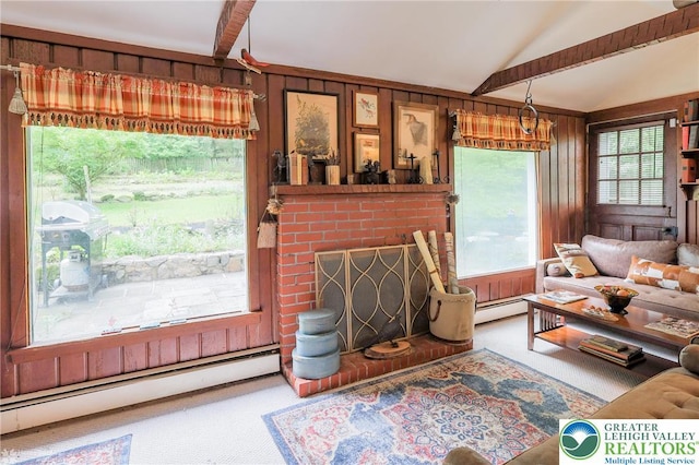 6650 Mountain Rd, Macungie Boro, PA 18062 - living room featuring baseboard heating, wooden walls, and carpet floors