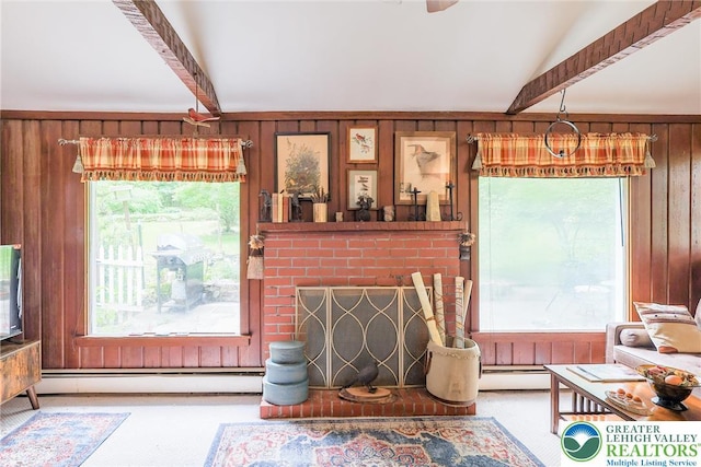 6650 Mountain Rd, Macungie Boro, PA 18062 - living area with wooden walls, a baseboard heating unit, and beamed ceiling