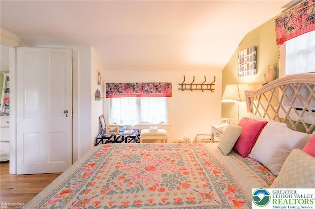 6650 Mountain Rd, Macungie Boro, PA 18062 - bedroom featuring wood finished floors, multiple windows, and vaulted ceiling