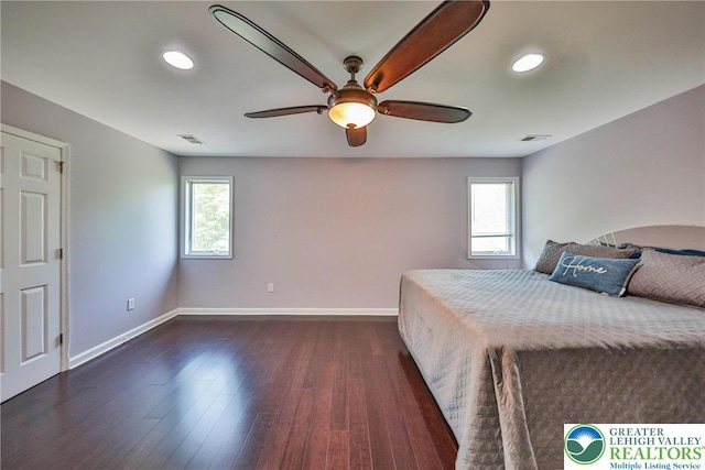 205 Osprey Way, Middle Smithfield Twp, PA 18302 - bedroom with dark wood finished floors, recessed lighting, and a ceiling fan