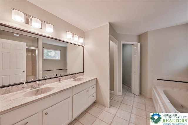 205 Osprey Way, Middle Smithfield Twp, PA 18302 - full bath with double vanity, a tub with jets, tile patterned flooring, and an enclosed shower