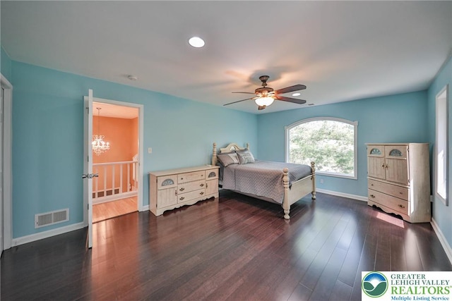 205 Osprey Way, Middle Smithfield Twp, PA 18302 - bedroom featuring dark wood finished floors, a chandelier, recessed lighting, and ceiling fan