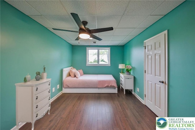 205 Osprey Way, Middle Smithfield Twp, PA 18302 - bedroom with a drop ceiling, dark wood-style floors, and ceiling fan
