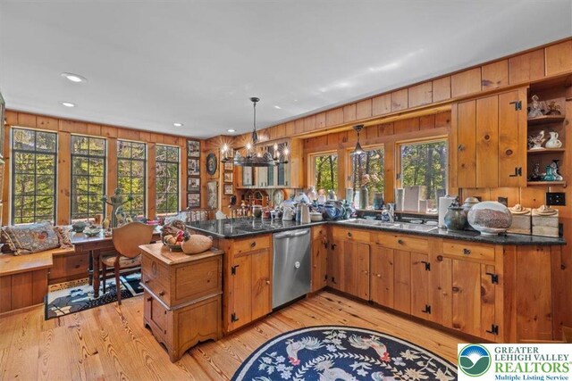 1341 Beaver Valley Rd, Hamilton Twp, PA 18360 - kitchen featuring stainless steel dishwasher, a chandelier, light wood-style flooring, open shelves, and brown cabinets