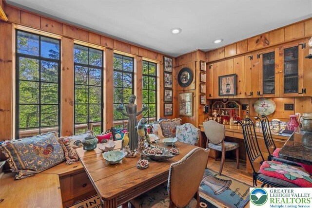 1341 Beaver Valley Rd, Hamilton Twp, PA 18360 - dining room featuring wooden walls, wood finished floors, and recessed lighting