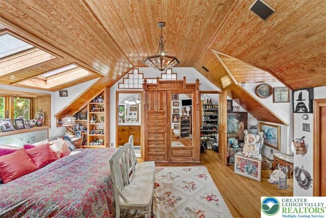 1341 Beaver Valley Rd, Hamilton Twp, PA 18360 - bedroom with wood ceiling, wood finished floors, a skylight, and vaulted ceiling