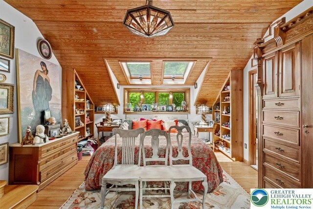 1341 Beaver Valley Rd, Hamilton Twp, PA 18360 - dining space with wood ceiling, vaulted ceiling, light wood finished floors, and a skylight