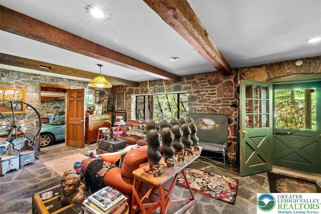 1341 Beaver Valley Rd, Hamilton Twp, PA 18360 - living room featuring beamed ceiling