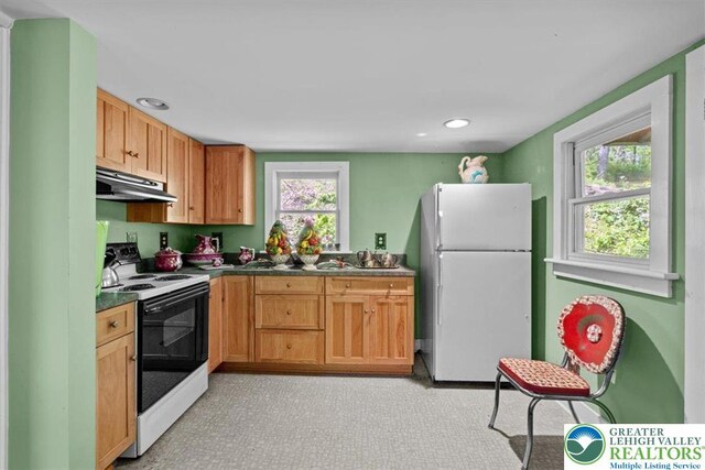 1341 Beaver Valley Rd, Hamilton Twp, PA 18360 - kitchen with freestanding refrigerator, electric stove, under cabinet range hood, dark countertops, and recessed lighting