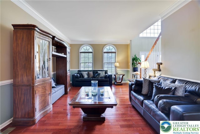 638 Stratton Dr, Middle Smithfield Twp, PA 18302 - living area featuring ornamental molding, wood finished floors, and stairway