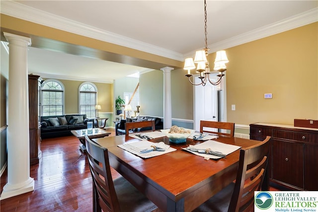 638 Stratton Dr, Middle Smithfield Twp, PA 18302 - dining room featuring ornate columns, ornamental molding, dark wood finished floors, and a chandelier