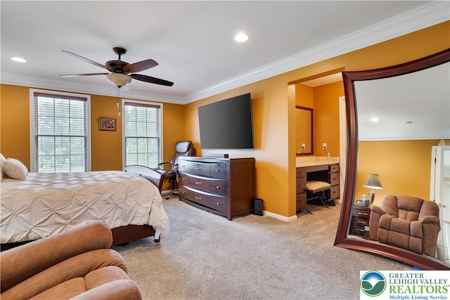 638 Stratton Dr, Middle Smithfield Twp, PA 18302 - bedroom with ornamental molding, a desk, light colored carpet, recessed lighting, and connected bathroom