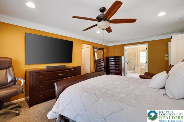 638 Stratton Dr, Middle Smithfield Twp, PA 18302 - bedroom featuring ornamental molding, carpet floors, recessed lighting, connected bathroom, and ceiling fan