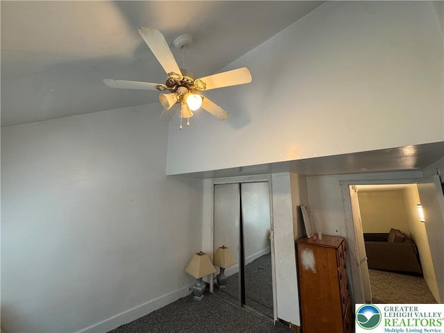 226 E Snyder Ave, Lansford Boro, PA 18232 - unfurnished bedroom with a closet, high vaulted ceiling, carpet, and a ceiling fan