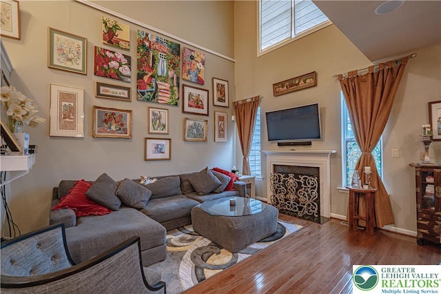 4549 Woodbrush Way, Upper Macungie Twp, PA 18104 - living room with hardwood / wood-style flooring, healthy amount of natural light, a high ceiling, and a premium fireplace