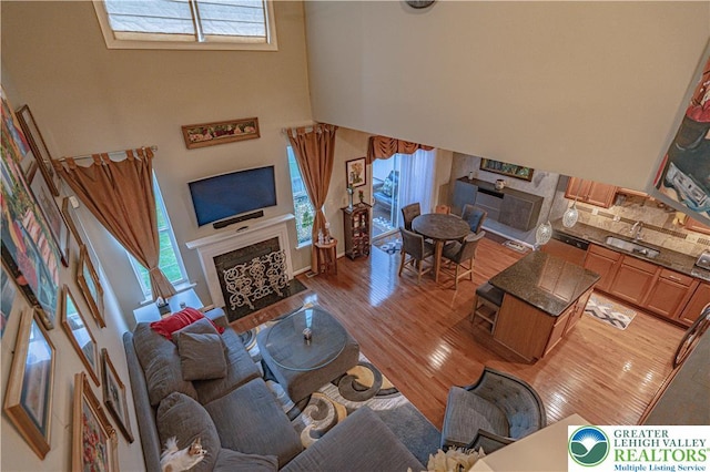 4549 Woodbrush Way, Upper Macungie Twp, PA 18104 - living room with a fireplace with flush hearth, a high ceiling, healthy amount of natural light, and light wood-style floors